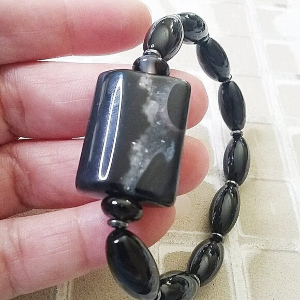 Massive Black Agate Stretch Bracelet - Fits 7-7.5" Wrist 4 Protection + Strength